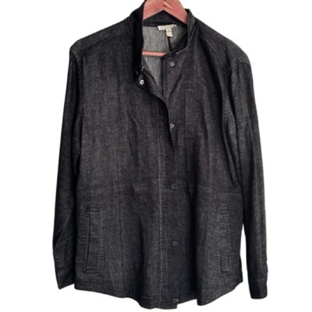 Eileen Fisher chambray black linen-blend Chambray Moto zip jacket